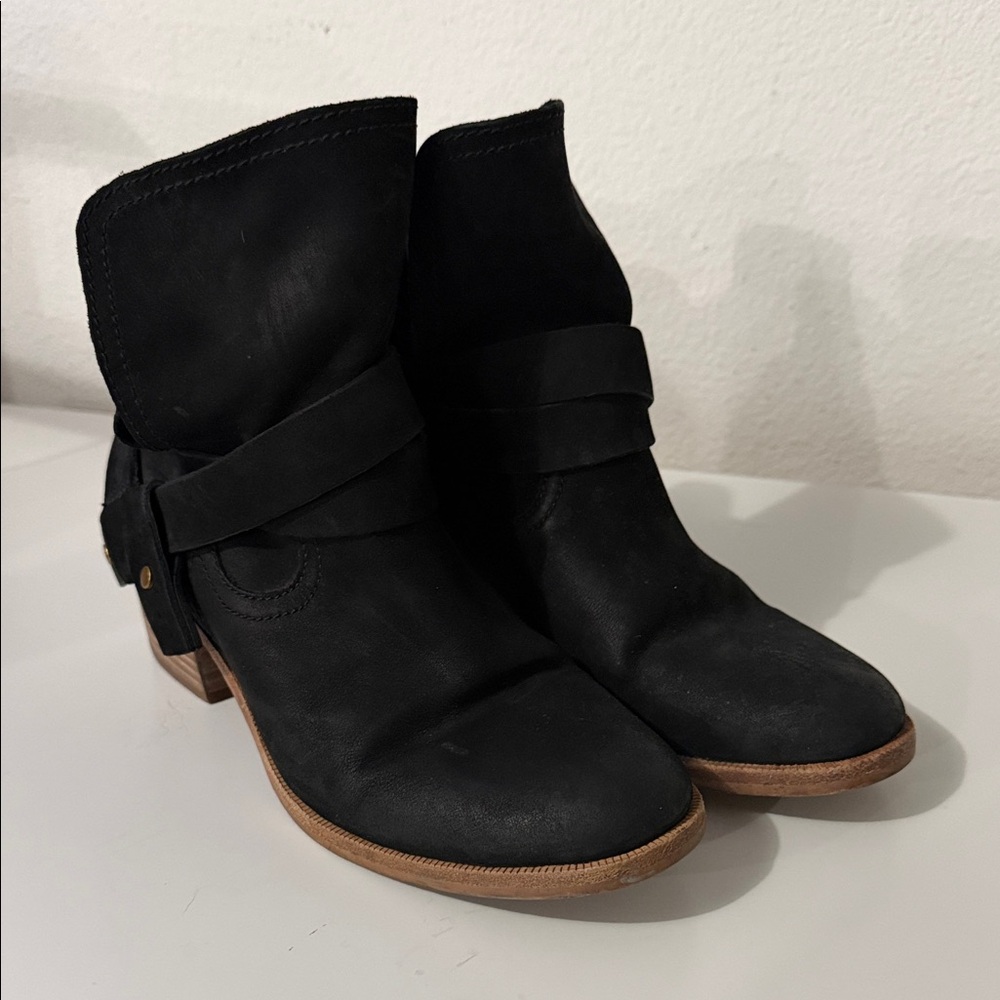 UGG Black Suede Ankle Boots with Wrap Strap